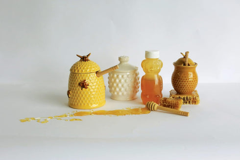 Creative Co-Op White Ceramic Hobnail Style Honey Jar with Lid & Wood Dipper...