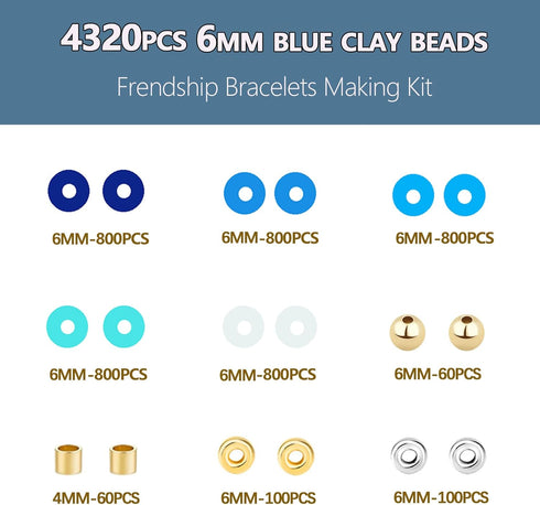 4320PCS Blue Clay Beads for Bracelets Making 6mm Blue Heishi Beads Friendship Bracelets Beads Gold Silver Spacer Beads for Jewelry Making Kit with...