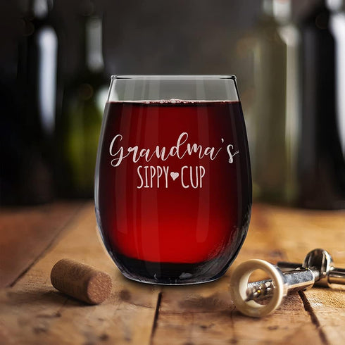 shop4ever Grandma's Sippy Cup Engraved Stemless Wine Glass 15 oz. Mother's Day Gift for Grandmother...