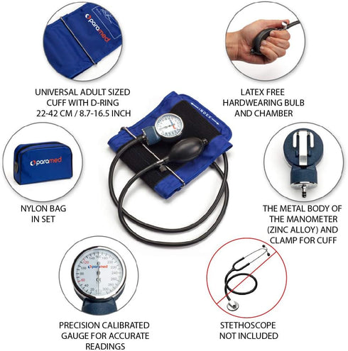 PARAMED Aneroid Sphygmomanometer – Manual Blood Pressure Cuff with Universal Cuff 8.7-16.5" and D-Ring – Carrying Case in The kit – Blue – Stethos...