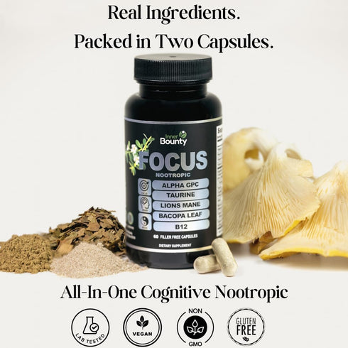 Focus 14-in-1 Nootropic Brain Supplement with Lions Mane, Alpha GPC Choline, Vitamin C & B12, Taurine, Bacopa - Energy, Cognitive, Memory Support,...