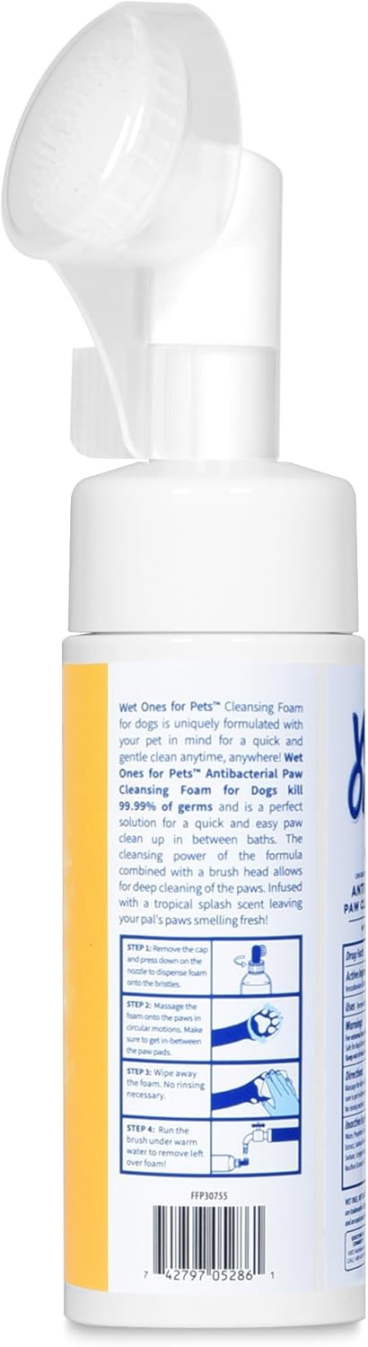 Wet Ones for Pets Antibacterial Dog Paw Cleansing Foam with Built-in Paw Scrubber Brush, Tropical Splash Scent, 5 oz | Dog Paw Cleaner with Antiba...