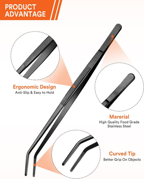 Curved Kitchen Tweezers, Stainless Steel Long Tweezer Tongs, Professional Chef Tweezers for Cooking, Repairing, Sea food and BBQ (Black, 10 inch)...
