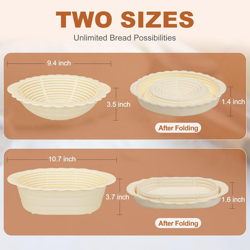 Silicone Banneton Bread Proofing Baskets, (Upgraded) 10 Inch Round & 12 Inch Oval Foldable Sourdough Baking Basket Bread, Set of 2 Foldable Proofi...