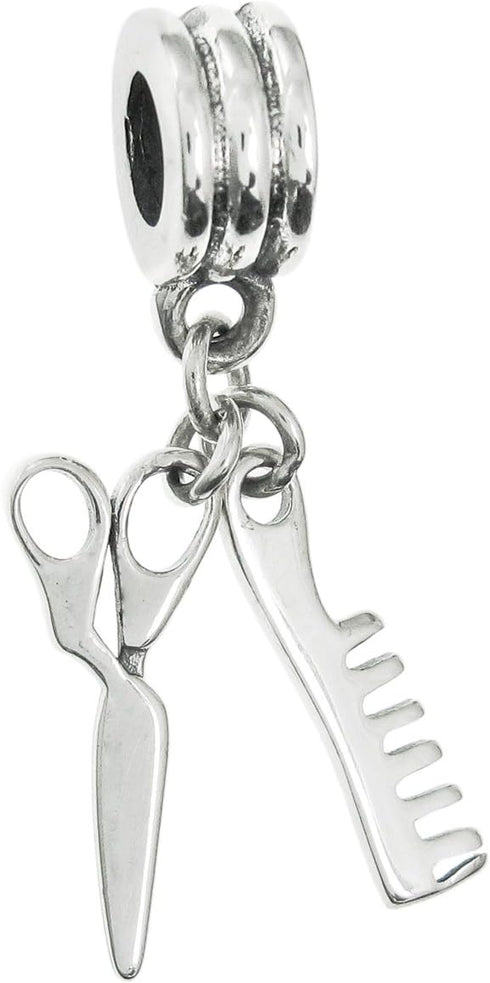 Sterling Silver Hair Stylist Scissors Comb European Style Dangle Bead Charm...
