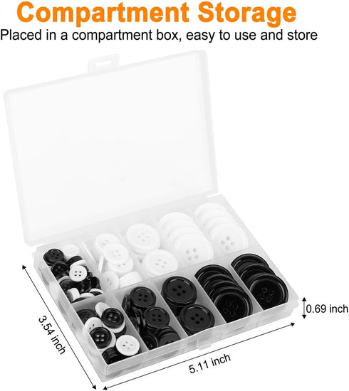 Mixed Sewing Buttons 160Pcs, Round Black 4-Hole Craft Buttons, 5 Sizes White Resin Button, with Separate Compartment Storage Box, Suitable for Sew...