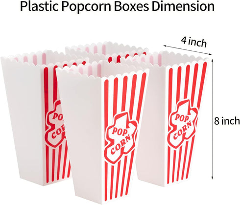 Plastic Popcorn Containers Red & White Striped Retro Style Reusable Popcorn Boxes for Movie Night 4”x8” (4 Pack)...