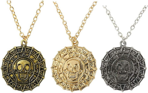 Mystart Pack of 3 Pirates of The Caribbean Necklace Aztec Skull Coin Medallion Necklace...