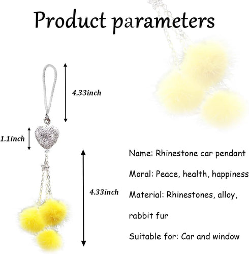 Bling Car Hanging Ornament, Cute Love Heart and Plush Ball Pendant for Auto Rear View Mirror, Lucky Diamond Rearview Mirror Charm for Women Girls,...