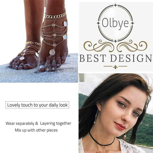 Olbye Silver Barefoot Sandals Foot Chain Jewelry Coin Anklet Bracelet for Women and Girls Beach Wedding Foot Jewelry Pack of 2...
