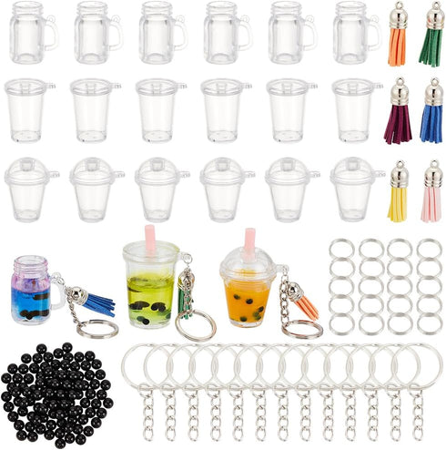 OLYCRAFT 204pcs Mini Cup Keychain Kit Bubble Tea Accessories Set Pendant Charms with Rings Tassels Straws for DIY Earring Making...
