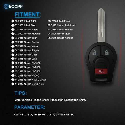 ECCPP Remote Key Fob Replacement for Infiniti for FX35 FX45 QX4 for Nissan Rogue Xterra Frontier Murano Quest Titan Armada Sentra CWTWB1U751-2pcs...
