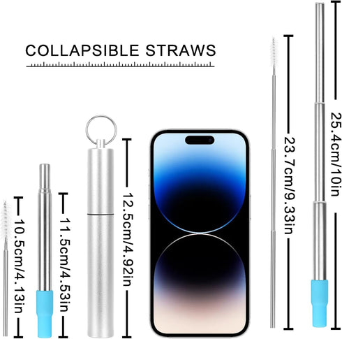 FYY Reusable Straws with Case - 3 Pack Collapsible Stainless Steel Travel Straws with Cleaning Brush & Silicone Tips Portable Telescopic Drinking ...