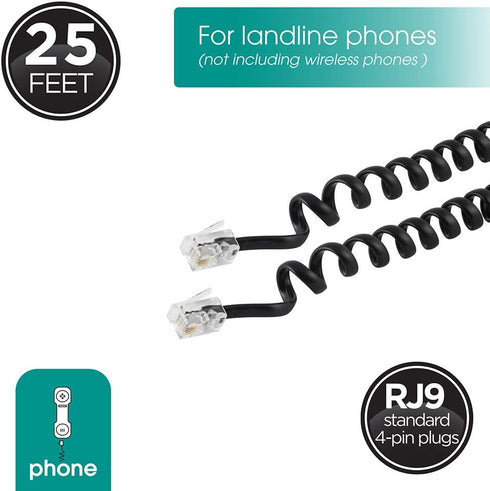 Power Gear Coiled Telephone Cord, 4 Feet Coiled, 25 Feet Uncoiled, Phone Cord works with All Corded Landline Phones, For Use in Home or Office, Bl...