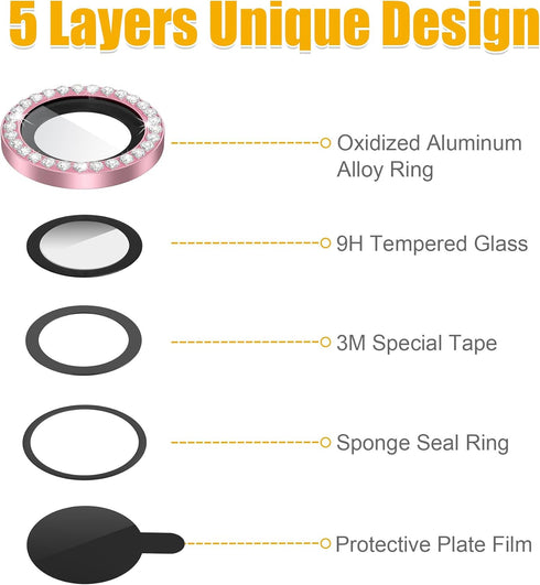AGVEE 3+3 for iPhone 14 Pro 6.1" / 14 Pro Max 6.7" Camera Lens Protector, Bling Diamond & Bling Glitter Metal Ring 9H Tempered HD Glass Camera Pro...