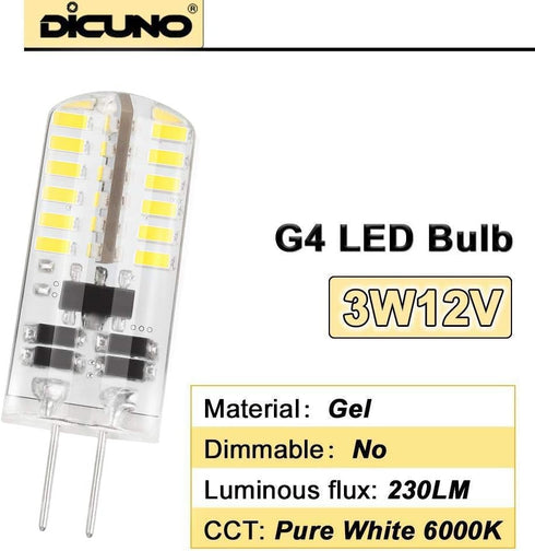 DiCUNO G4 LED Bulb, JC Bi-Pin Base Light Bulbs 3W, 12V AC/DC, Equivalent to 20W-25W T3 Halogen Replacement, Daylight White 6000K, Non-dimmable, fo...