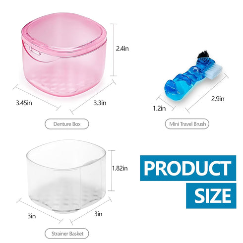 Travel Denture Case Denture Soaking Container with Brush, Denture Cleaning Case Retainer Bath Box Case False Teeth Container - Leak Proof & Lid Wa...