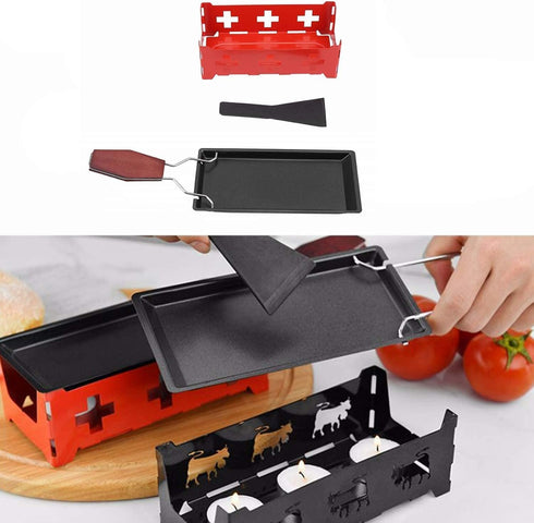 Cheese Raclette Stretchable Non Stick Cheese Rotaster Baking Tray, Iron Metal Grill Plate Accessories Cheese Melter, Baking Tray, Red Hob, Spatula...