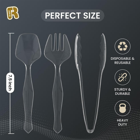18 Pcs Clear Plastic Serving Utensils - 6 Clear Plastic Serving Spoons - 6 Clear Plastic Tongs For Serving - 6 Plastic Serving Forks - Heavy Duty ...
