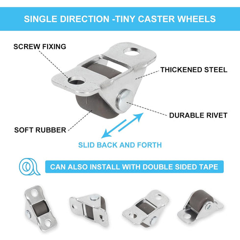 8Pcs 1/2 Inch Mini Caster Wheels Low Profile, Self Adhesive Single Direction Tiny Wheels, Little Rubber Rolling Wheels with Steel Top Plate for Sm...