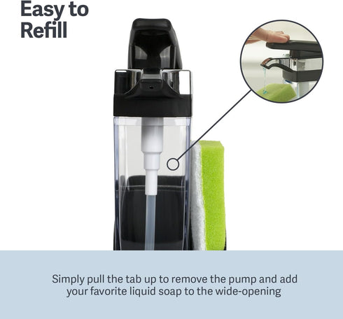 Casabella Sink Sider Solo Kitchen Soap Pump and Sponge Caddy, Black/Chrome - 2-in-1 Soap and Sponge Caddy, One-Hand Soap Dispensing, Ergonomic Des...
