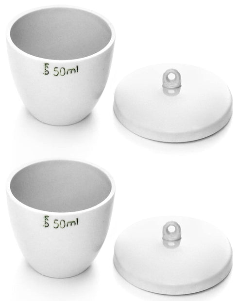 QWORK Lab Porcelain Crucible with Lid, 2 Pack, 50ml Capacity, White, Smooth Surface, for Laboratory School to Heat Chemical Compounds...
