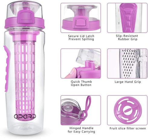 Opard Water Bottle with Time Marker, 30 oz Sports BPA Free Plastic Reusable Fruit Infuser Water Bottles with Handle, Leak Proof Flip Top Lid, Infu...