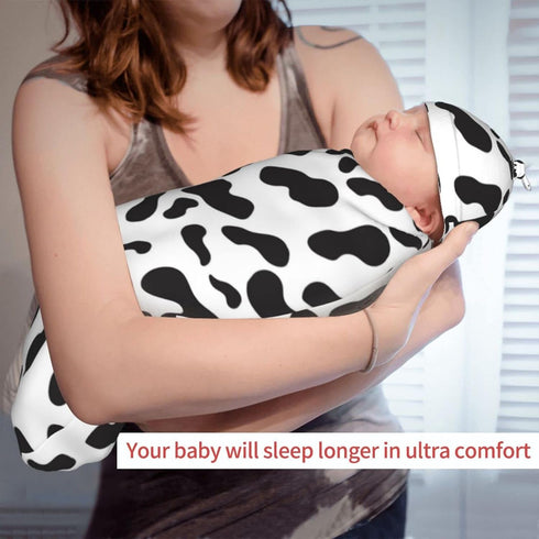 Cow Print Baby Stuff,Cow Print Newborn Swaddle Blankets Beanie Hat Sets Soft and Stretchy Baby Receiving Blanket Swaddle Sack for Baby Shower Infa...