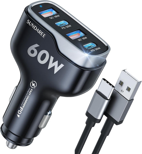 SUNDAREE 4 Ports USB C Fast Car Charger with Plug Outlet, Car Charger Adapter with 3.3FT Cable(USB-A to USB-C), Dual QC 18W & PD 30W Car Phone Cha...
