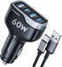 SUNDAREE 4 Ports USB C Fast Car Charger with Plug Outlet, Car Charger Adapter with 3.3FT Cable(USB-A to USB-C), Dual QC 18W & PD 30W Car Phone Cha...