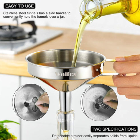 Stainless Steel Funnel, Walfos 3 Pack Kitchen Funnel with 2 Removable Strainer ? 1Pcs Cleaning Brush, Perfect for Transferring of Liquid, Oils, Ja...