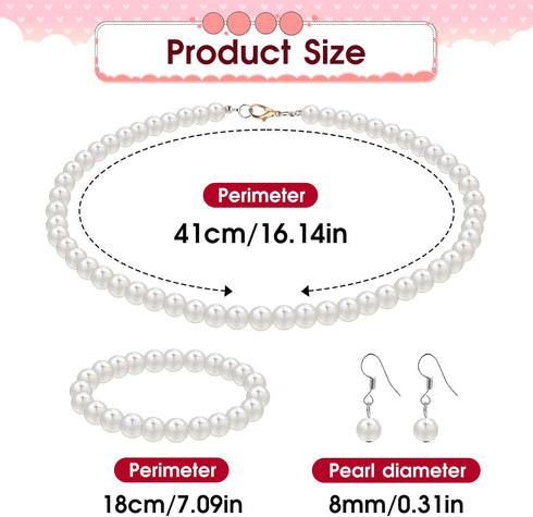 Pearl Jewelry Set for Women, 8mm White Pearl Necklace Fake Pearl Wedding Necklace 3 Pcs Simulated Faux Pearl Necklace Bracelet Earrings Set Costum...