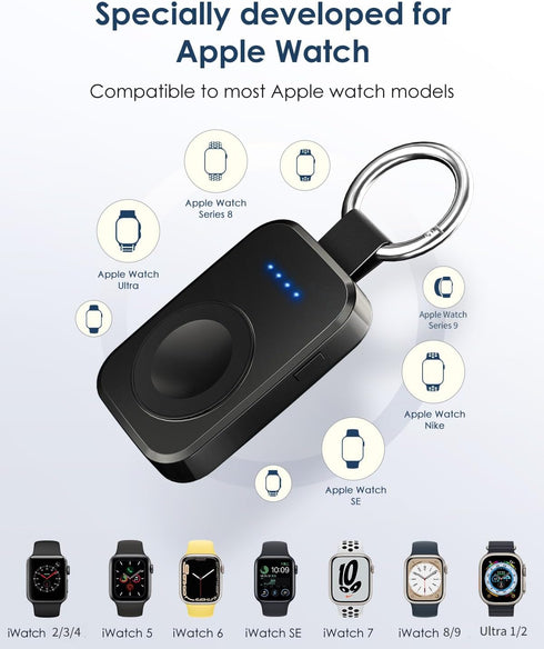 Portable Wireless Charger for Apple Watch Series 9/8/Ultra/7/6/5/4/3/2/SE,1000mAh iWatch Charger Magnetic Power Bank, Compact Travel Smart Keychai...