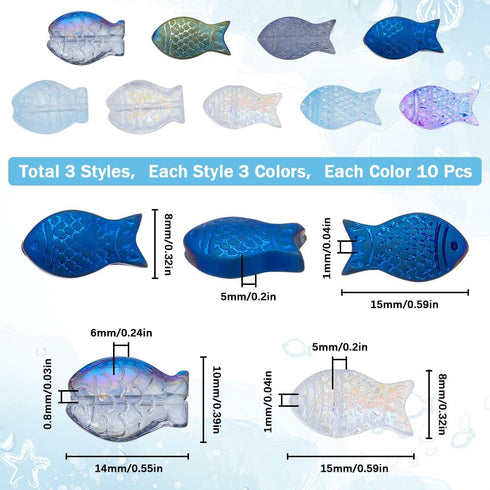 SUNNYCLUE 1 Box 90Pcs Fish Beads Fish Glass Beads Bulk Electroplated Frosted Blue Fish Animal Bead Summer Sea Ocean Animals Double Sided Loose Spa...