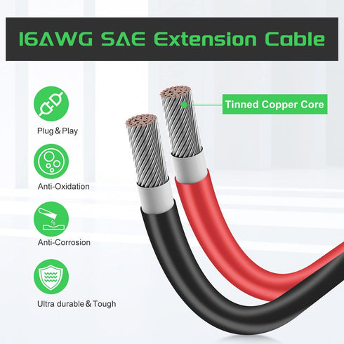 SAE to SAE Cable 10FT 16AWG, Bateria Power SAE Extension Cable Battery Charger Extension Cord, Quick Disconnect Connector Solar Panel Extension Wi...