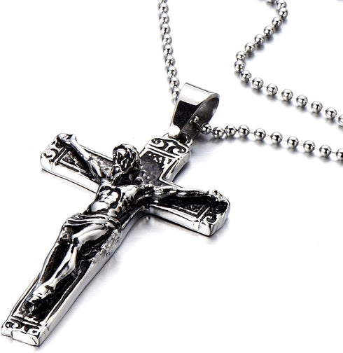 COOLSTEELANDBEYOND Stainless Steel Gothic Crucifix Cross Necklace Pendant Necklace with 30 Inches Steel Ball Chain...