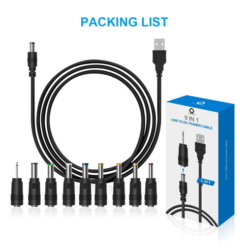 LANMU USB to DC Power Cable, DC 5V Power Cord Charging Cable with 9 Adapters (6.4 * 4.4mm, 6.3 * 3.0mm, 5.5 * 2.5mm, 5.5 * 2.1mm, 5.5 * 1.7 mm, 4....