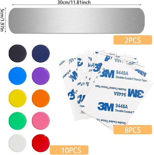 Stainless Iron Strips Bulletin Bar Board Adhesive Frameless Magnetic Bulletin Bar Strip with 10 Pieces Colorful Magnets and 8 Pcs Adhesive Tape, M...