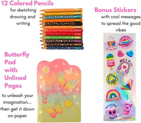 Kids Clipboard Storage Case – Cute Butterfly Design Pink Clip Board – Girls Set with 12 Erasable Colored Pencils, Pad and Stickers – Fits 8.5x11 S...