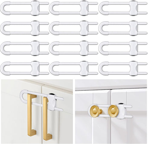12 Packs Baby Proofing Sliding Cabinet Locks modacraft U-Shaped Child Safety Latches Adjustable White Locks for Handles Knobs Drawers Closet Cupbo...