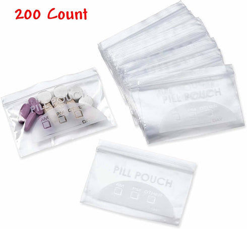 200 Piece Resealable Zipper Locking Pill Pouches - Daily AM PM Travel Medicine Organizer, Clear Reusable Write-On Labels for Vitamins and Medicati...