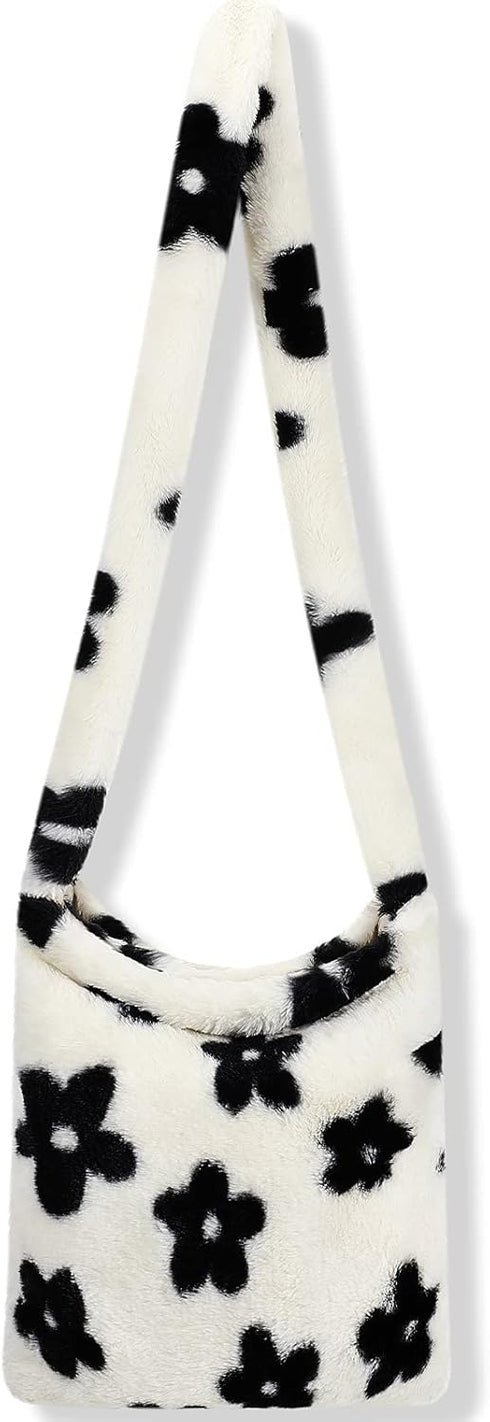 Weewooday Fluffy Shoulder Bag Ladies Plush Underarm Bag Tote Bag White Women Y2K Furry Purse Handbag for Autumn and Winter (Flower, 10.2 x 11.8 In...