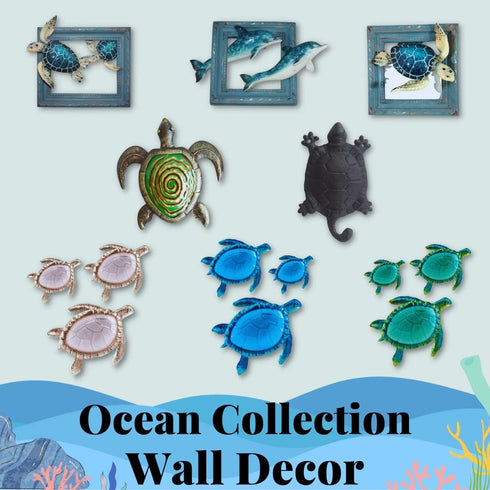 Comfy Hour Ocean Voyage Collection 5" Sea Turtle Coastal Beach Coral Theme Decorative Wall Hanger Set of 2, Polyresin...