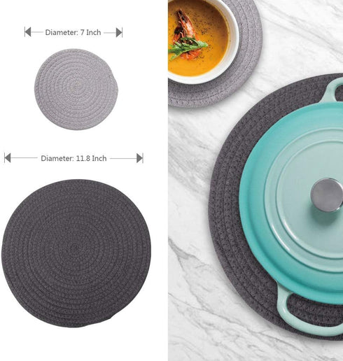 5-Pcs Trivet Pot Holder: Round Woven Potholders Set - 100% Cotton Braided Hot Pads - Coasters - Table Mats for Cooking and Baking One 11.8 Inch an...