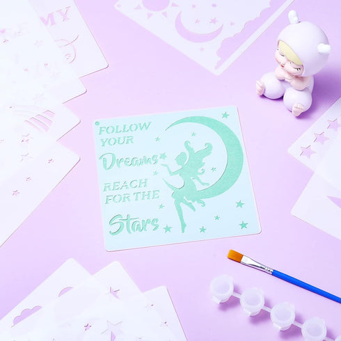 12 Pieces Moon and Star Stencil Clouds Stencil Reusable Star Template Planet Plastic Stencil Template Star for Painting on Wood Wall Notebook Card...