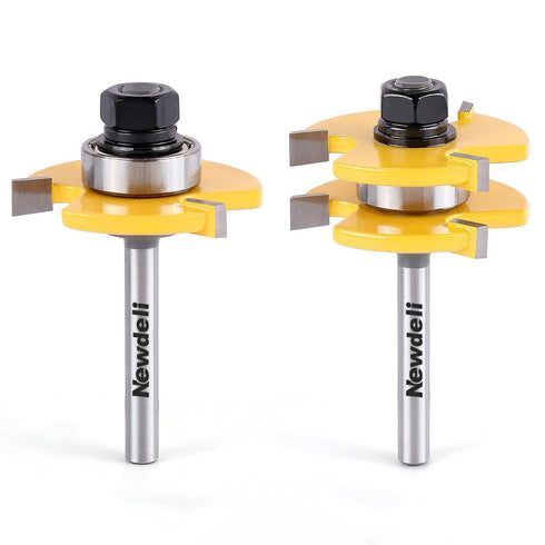 Newdeli Tongue and Groove Router Bit Set 1/4 Inch Shank - 2pcs Router Bits for 3/4" Stock, 1/2" Cutting Depth - T Shape 3 Teeth Wood Milling Cutte...