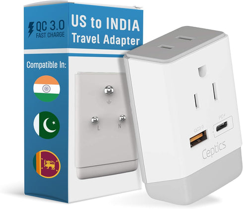Ceptics US to India Plug Adapter, Type D Plug Adapter QC 3.0 & PD, Safe USB & USB-C 18W, India Plug Adapter Fast Charging - 2 USA Socket Compact &...
