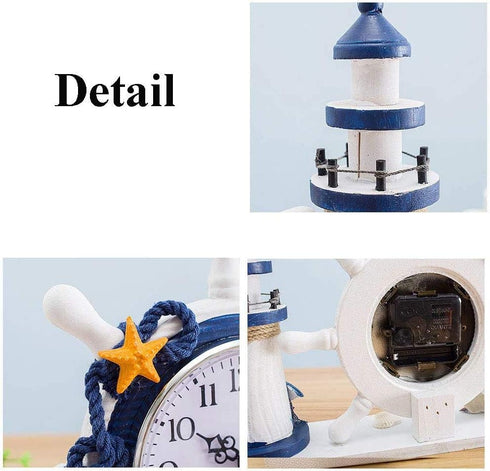 RTGGSEL Mediterranean Style Nautical Silent Desk Clock Lighthouse Helm Wooden Clocks Ship Wheel Rudder Shelf Clocks Beach Theme Clock Decor Orname...