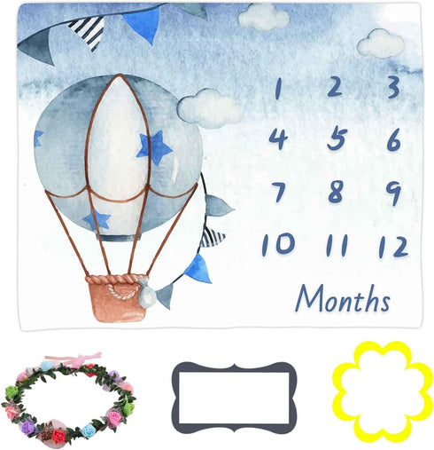 Blue Baby Monthly Milestone Blanket, Cartoon Hot Air Balloon Star Newborn Photo Baby Memory Blanket Nursery Baby Swaddle Blanket, 48x40 Inches BTX...