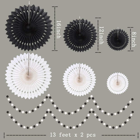 Cheerland Black White Party Decorations Hanging Paper Fans Garland Kit Wedding Halloween Birthday Baby Shower Casino Gothic Decor Spooky Haunted H...